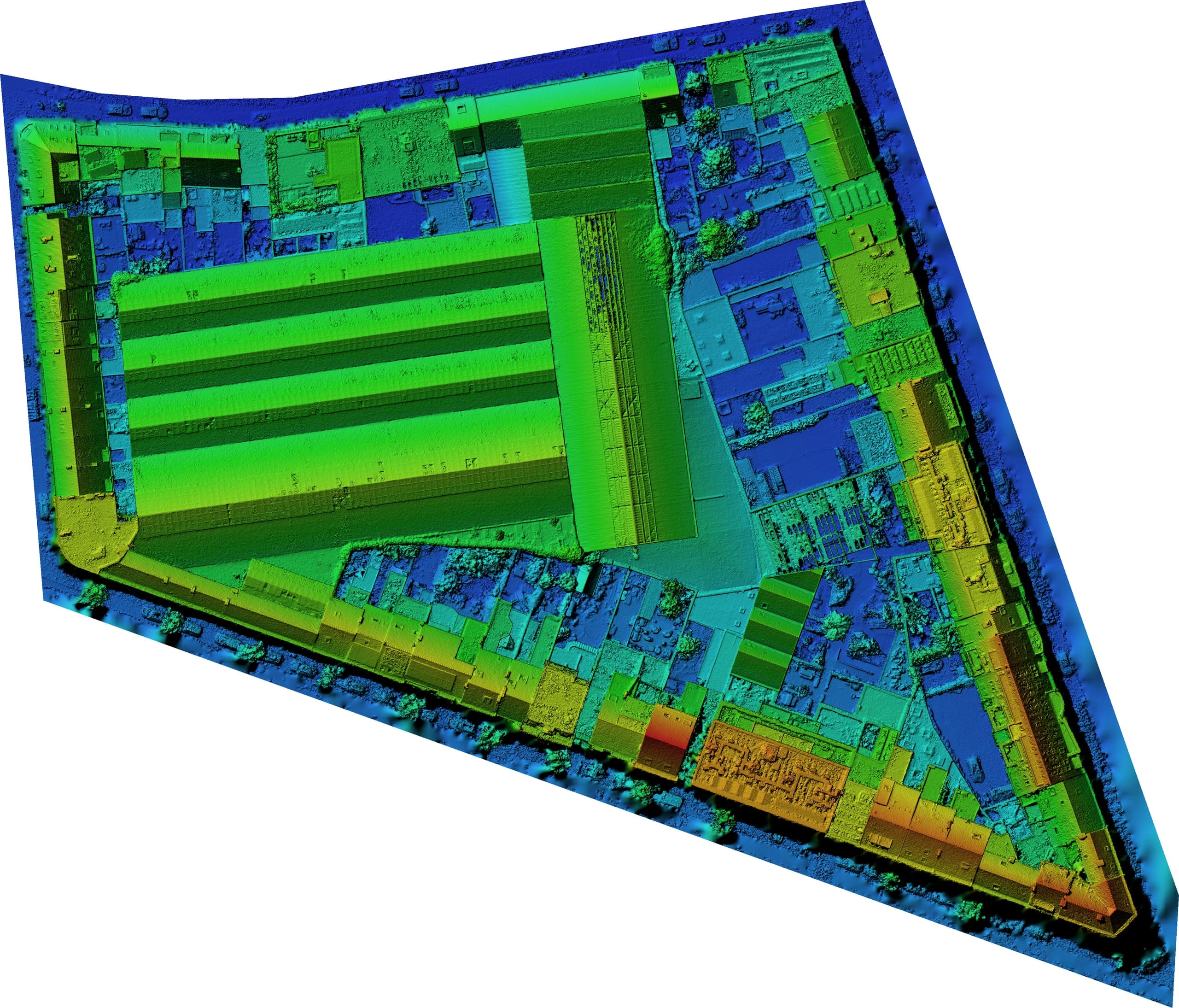 Digitaal hoogtemodel (DEM) van de site in Gent, van laag in blauw tot hoog in rood