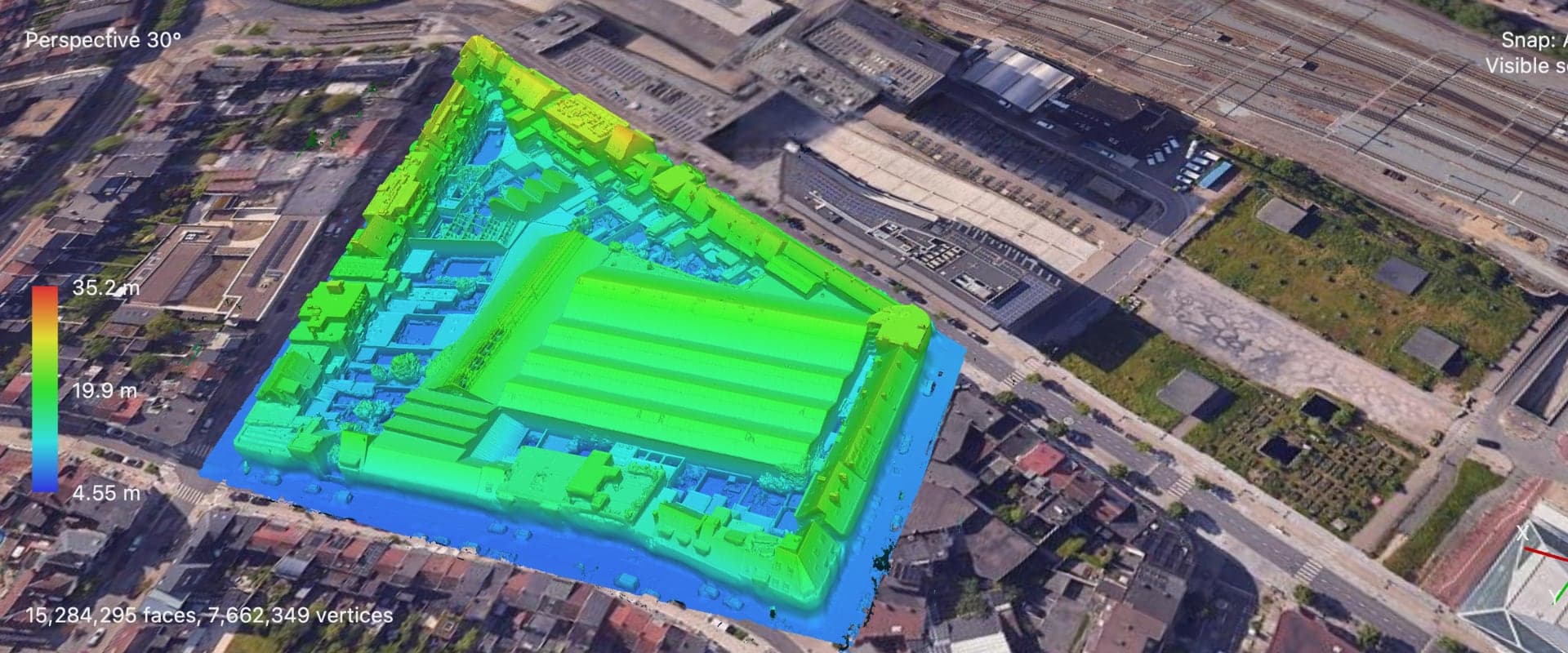 3D-hoogtemodel van een bouwblok in Gent, in kleurverloop van laag naar hoog